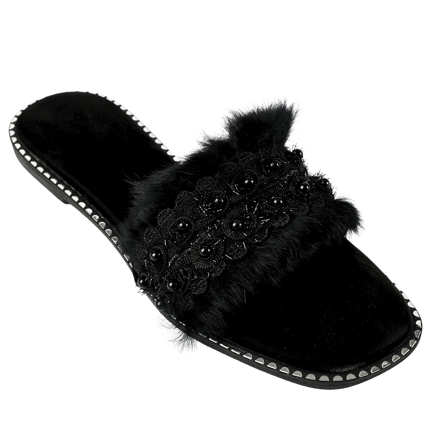 Angled view of Furry Black slider by Solemates by Palak — black fur-textured strap with floral lace and bead embellishment, silver stud sole trim and black suede-finish base, white background