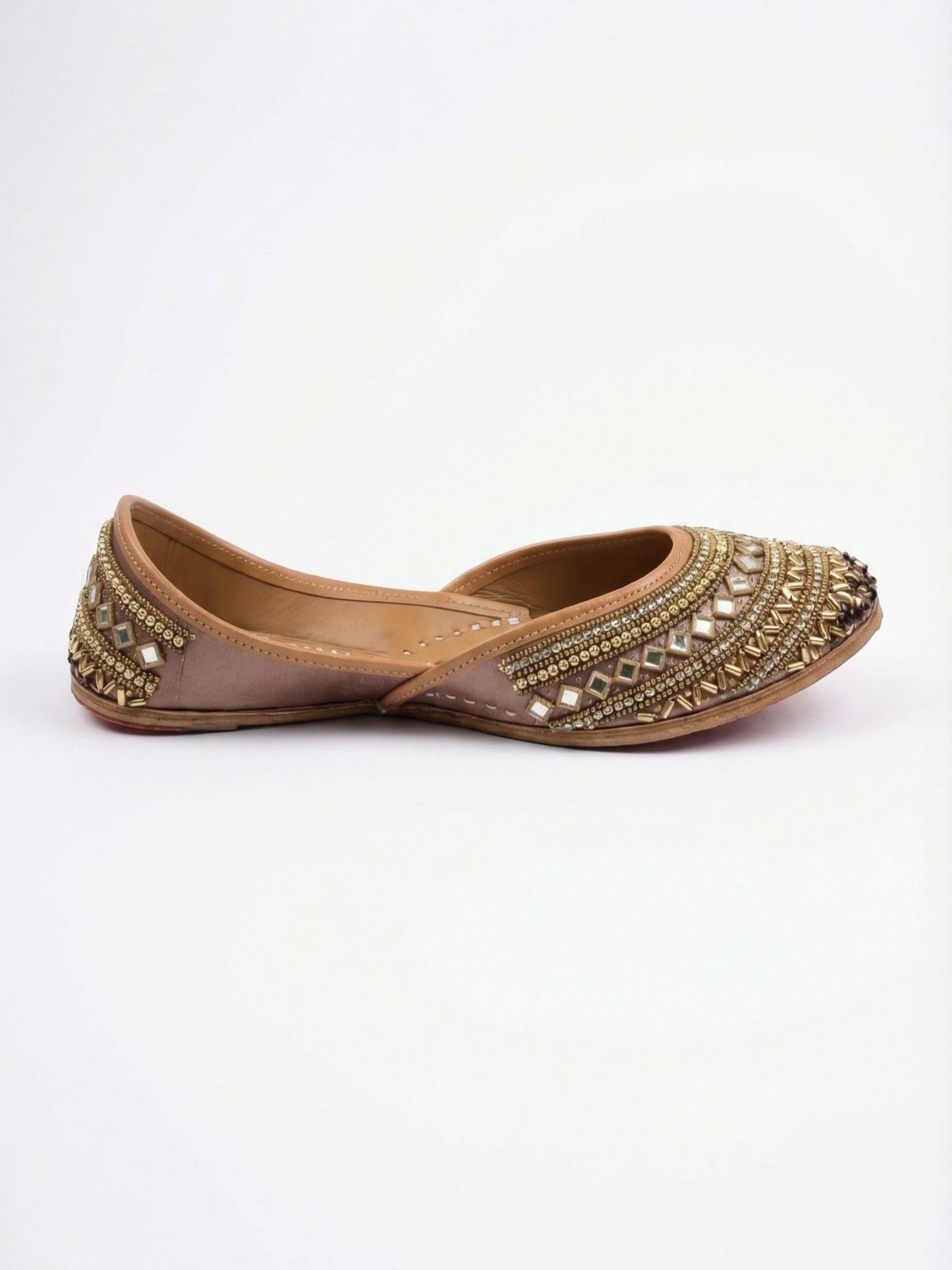 Meera mirror and zari work juttis side view on nude base — bridal handcrafted juttis by Solemates by Palak