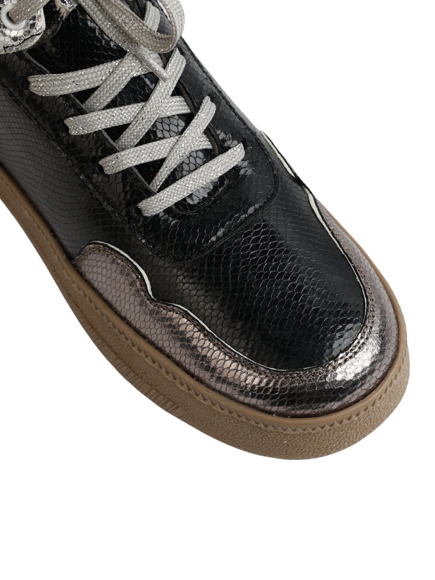 Galaxy Shine sneakers toe cap close-up — gunmetal and black snake texture detail with grey laces by Solemates by Palak