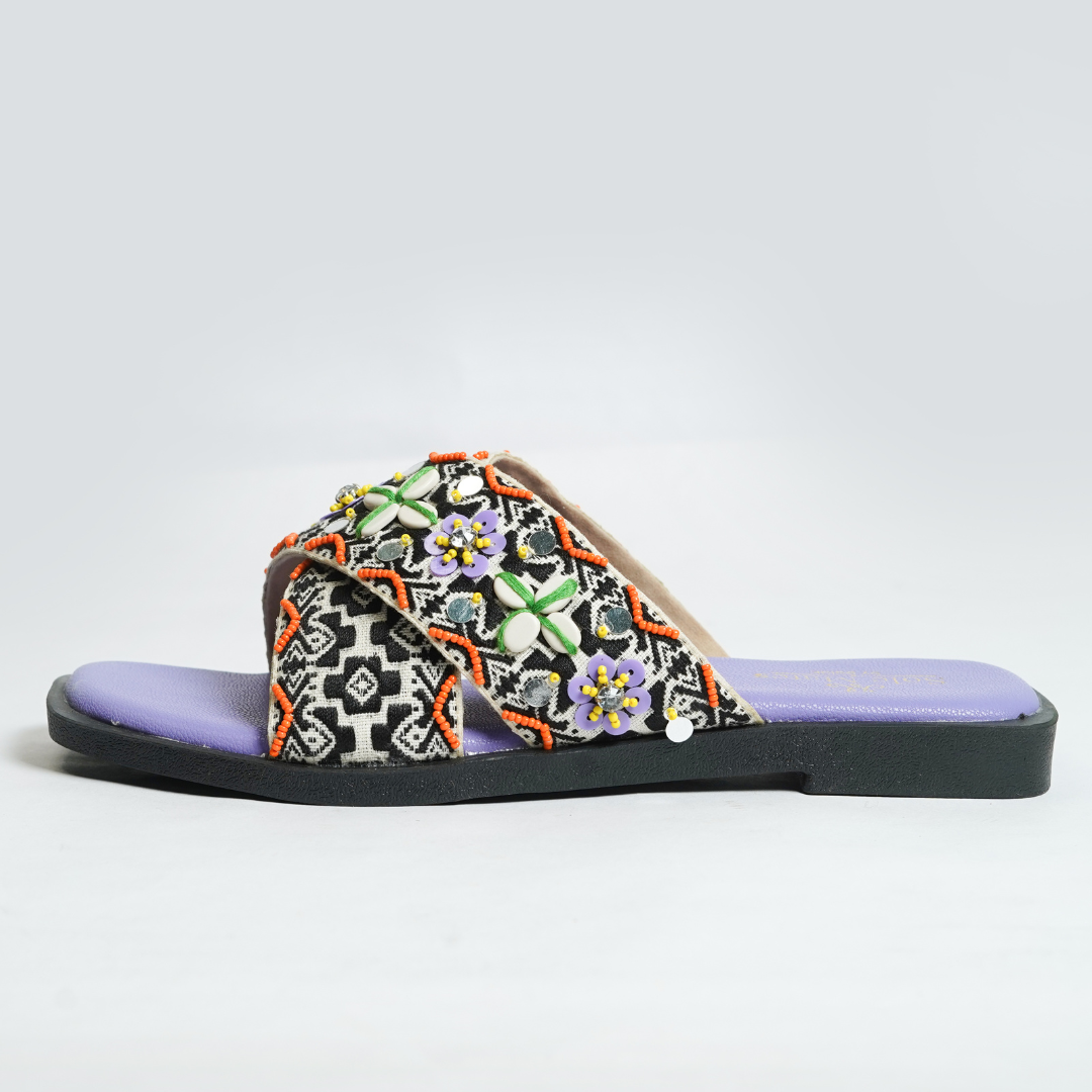 Malibu Criss Cross Flat Sliders side view — boho tribal embellished flat slider with black sole by Solemates by Palak