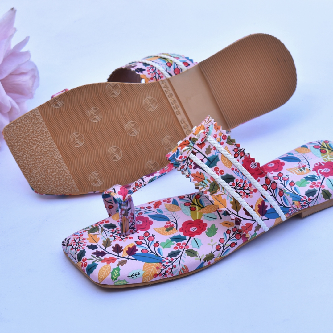 Berry Blast Floral Kolha Flats sole and side view — tan rubber grip sole with vibrant floral print upper by Solemates by Palak