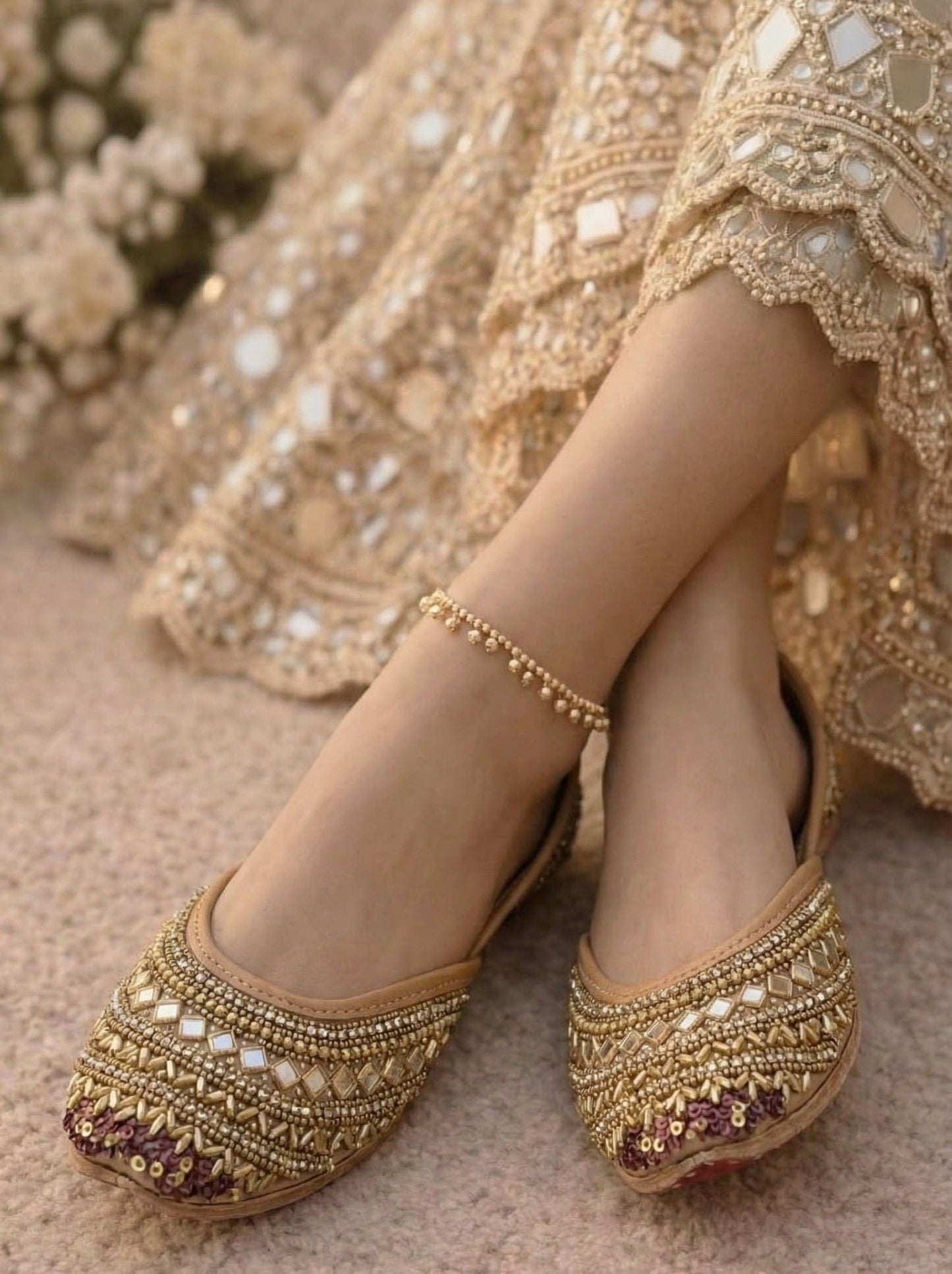 Meera royal mirror and zari work bridal juttis worn with gold 
lehenga — handcrafted genuine leather juttis by Solemates by Palak