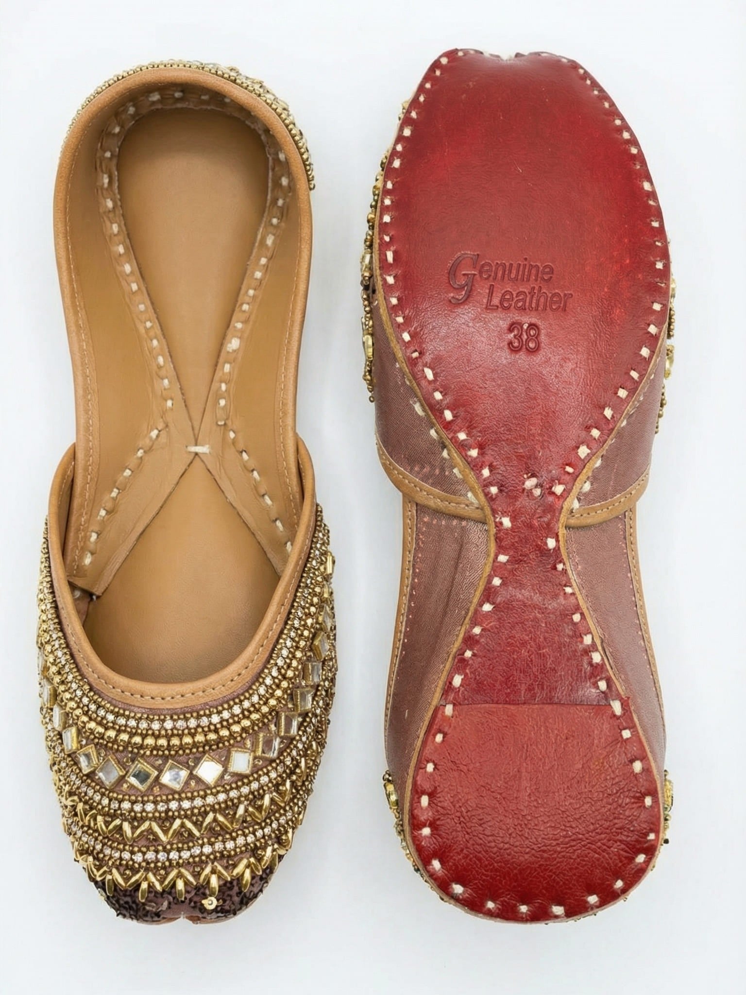 Meera juttis insole and genuine leather red sole view — handcrafted Indian juttis by Solemates by Palak