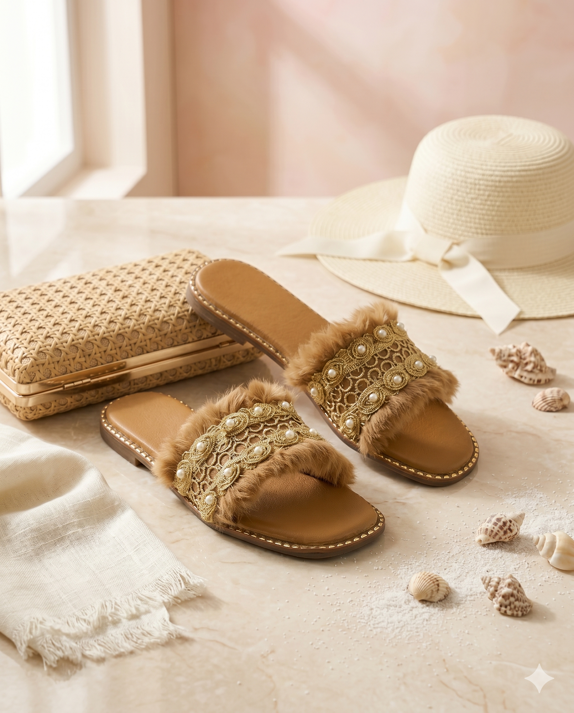 Furry Brown slider pair flat lay by Solemates by Palak — warm brown fur strap with gold metallic lace appliqué and white pearls, styled with rattan clutch, straw hat and seashells