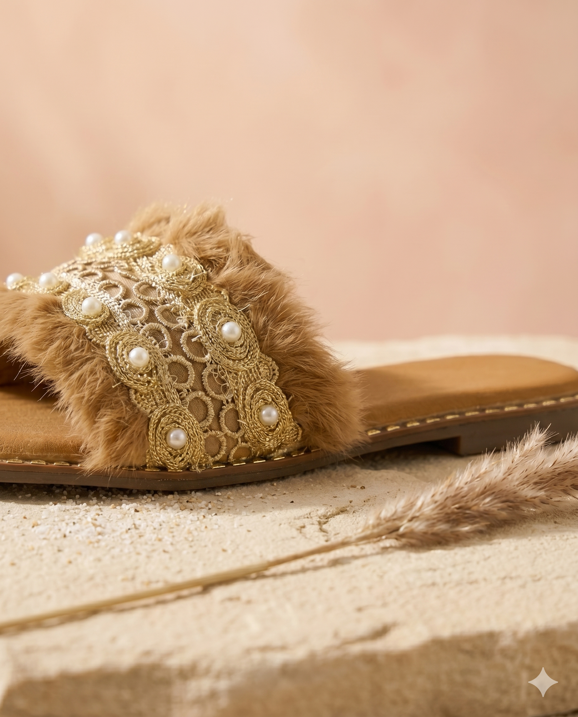 Close-up side view of Furry Brown slider by Solemates by Palak on sandy surface — caramel fur strap with gold scrolling crochet lace and white pearl embellishment detail