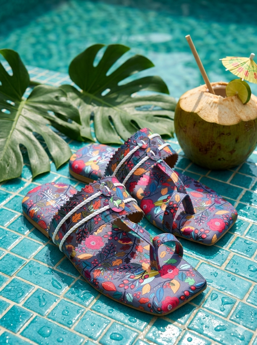 Coral Grey Kolhapuri Flats by pool with monstera leaf and coconut drink — vibrant botanical print toe ring flats by Solemates by Palak