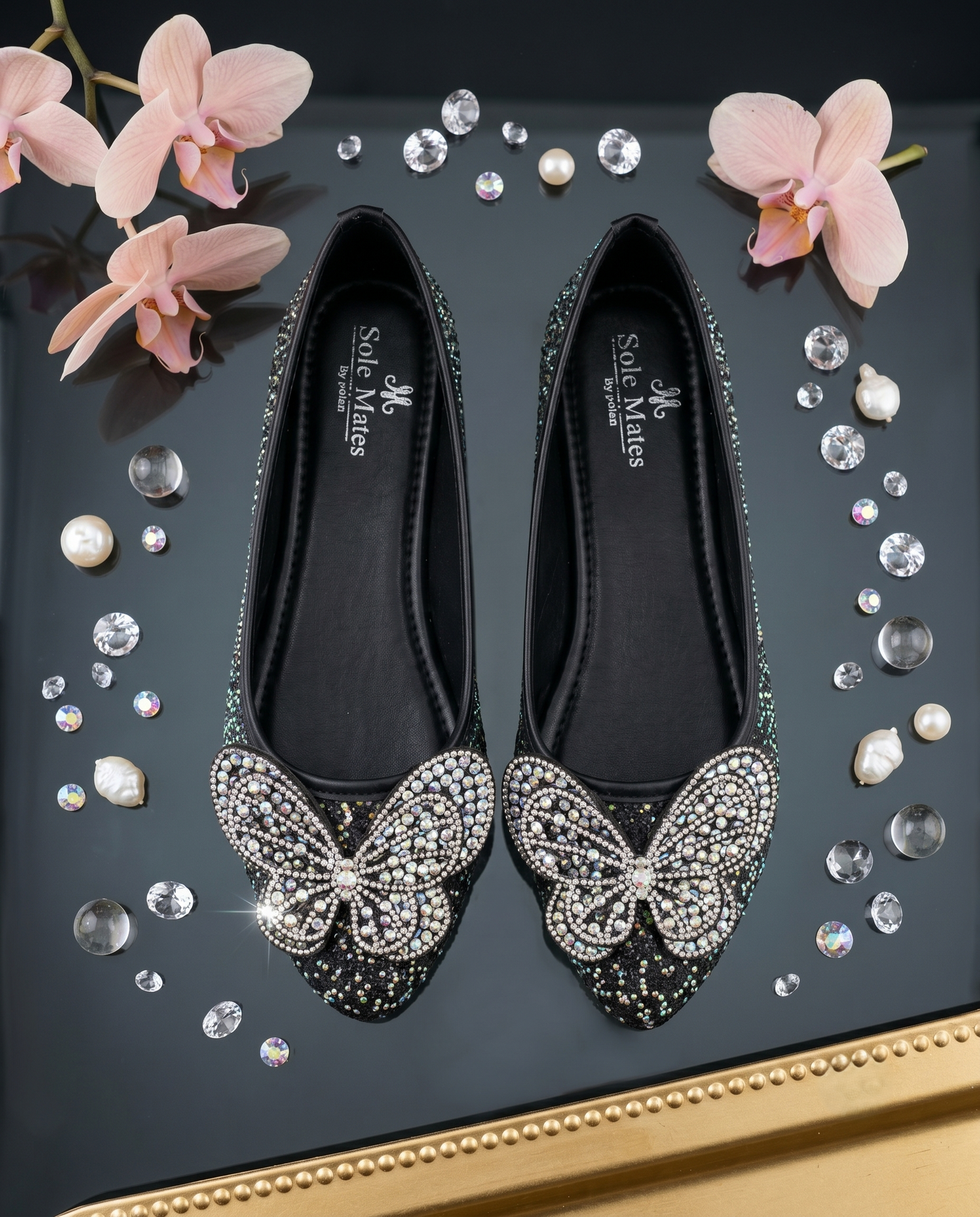 Midnight Flutter Ballerina — Black Glitter Crystal Butterfly Flats | Solemates by Palak