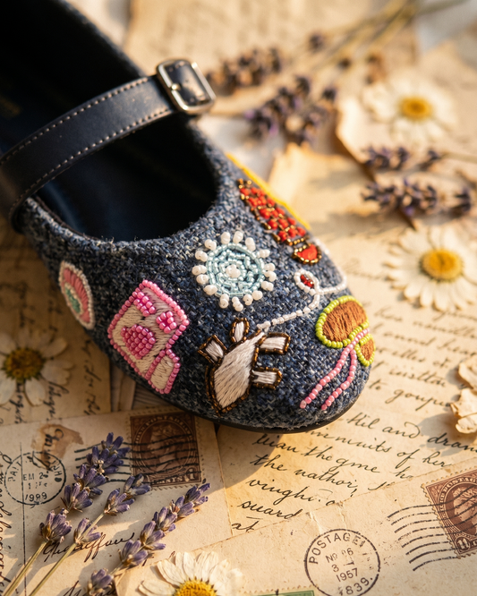 Wanderlust Retro Mary Jane Flats close-up — navy fabric with quirky hand-embroidered and bead-embellished motifs by Solemates by Palak