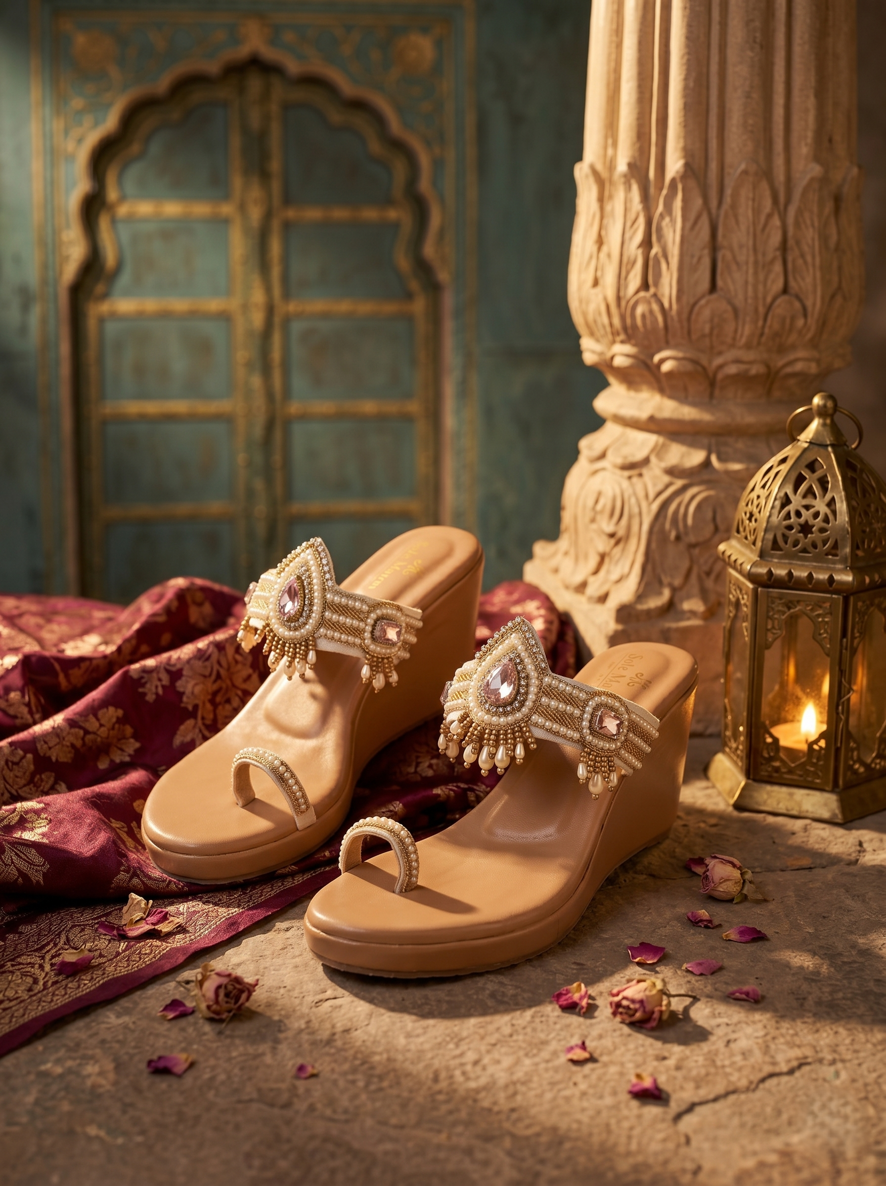 Gulabri Kolhapuri Heels pair flat lay — nude wedge toe ring heels with pink teardrop stone centerpiece and pearl bead embellishment by Solemates by Palak