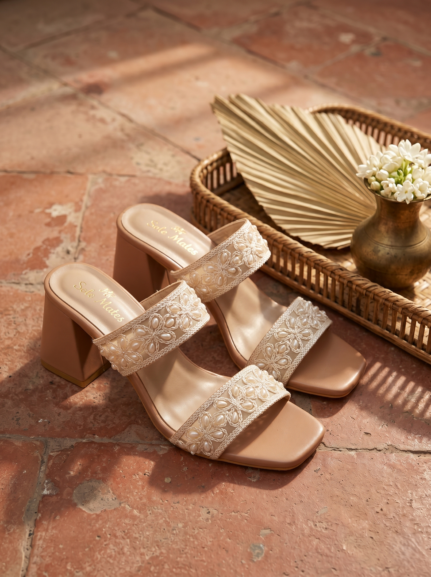 Grace Block Heels side view flat lay — pearl embellished double strap on tan block heel by Solemates by Palak