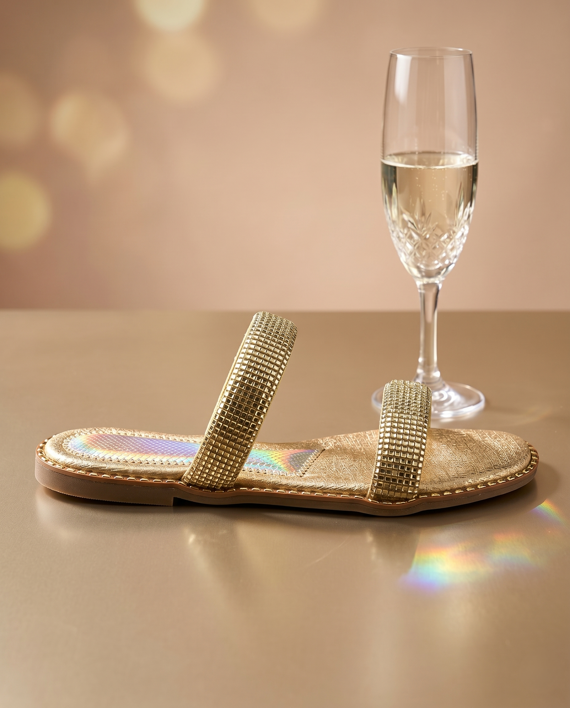 Crystalline Gold Flats side view with champagne flute — double strap gold crystal flat sandal with holographic lining and gold stud sole trim by Solemates by Palak