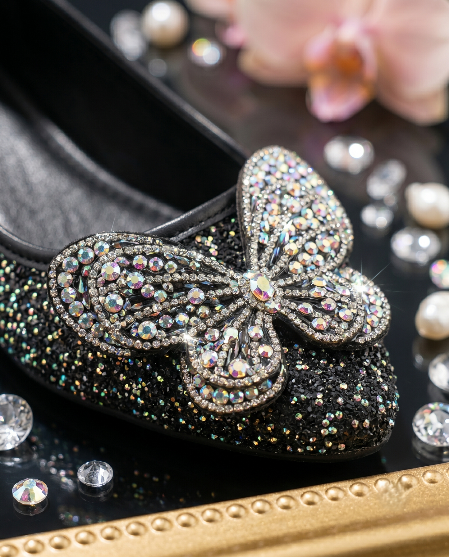 Midnight Flutter Ballerina — Black Glitter Crystal Butterfly Flats | Solemates by Palak