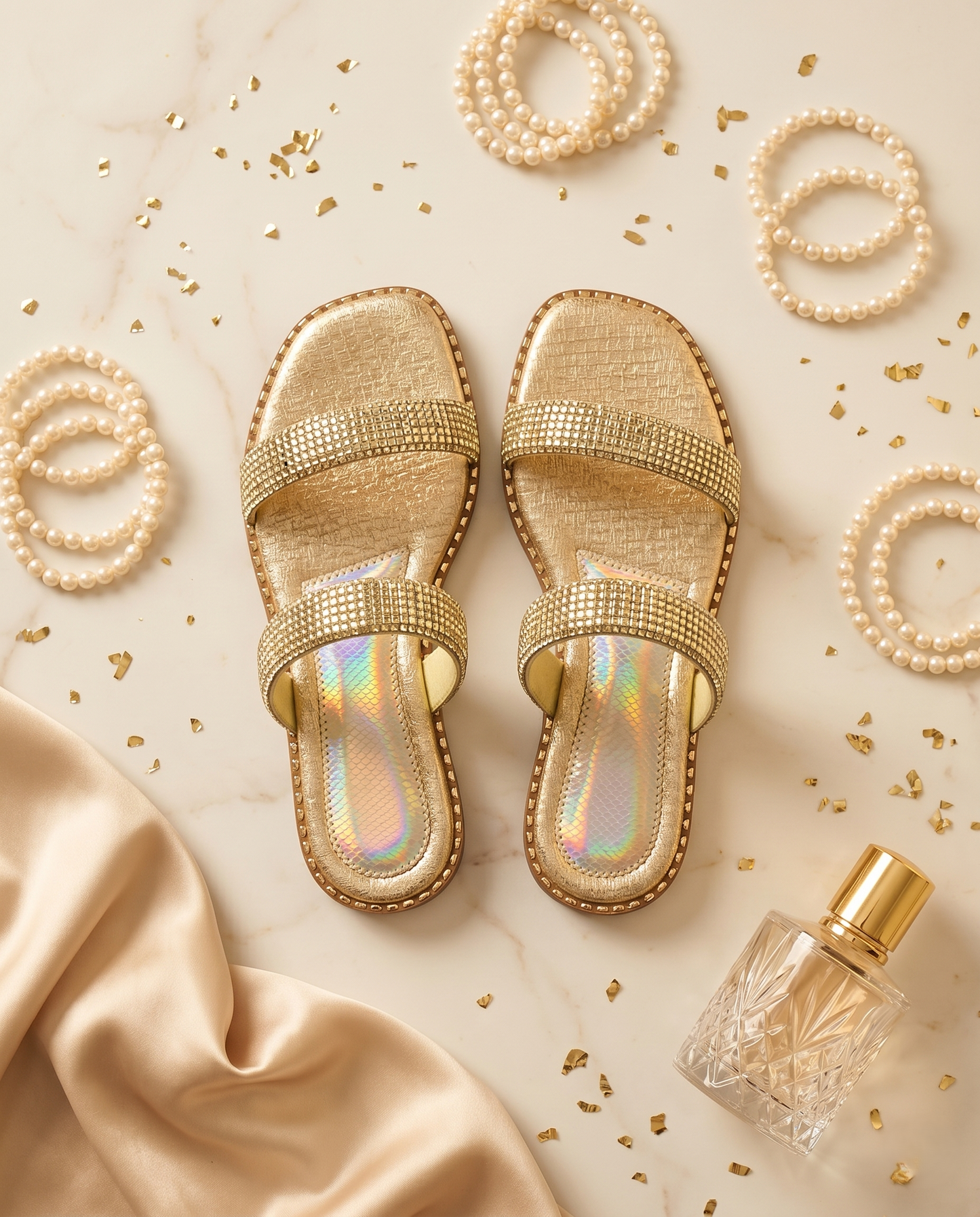 Crystalline Gold Flats pair top-down flat lay on marble — double strap gold crystal flat sandal with holographic lining and gold stud sole trim by Solemates by Palak
