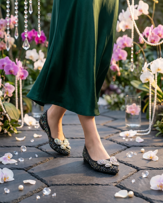 Midnight Flutter Ballerina — Black Glitter Crystal Butterfly Flats | Solemates by Palak