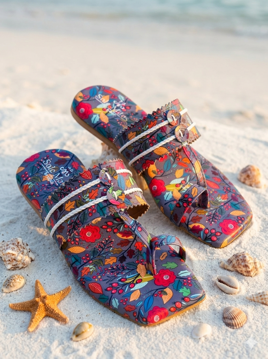 Coral Grey Kolhapuri Flats on beach sand with starfish and shells — grey botanical print toe ring flats with white rope detailing by Solemates by Palak