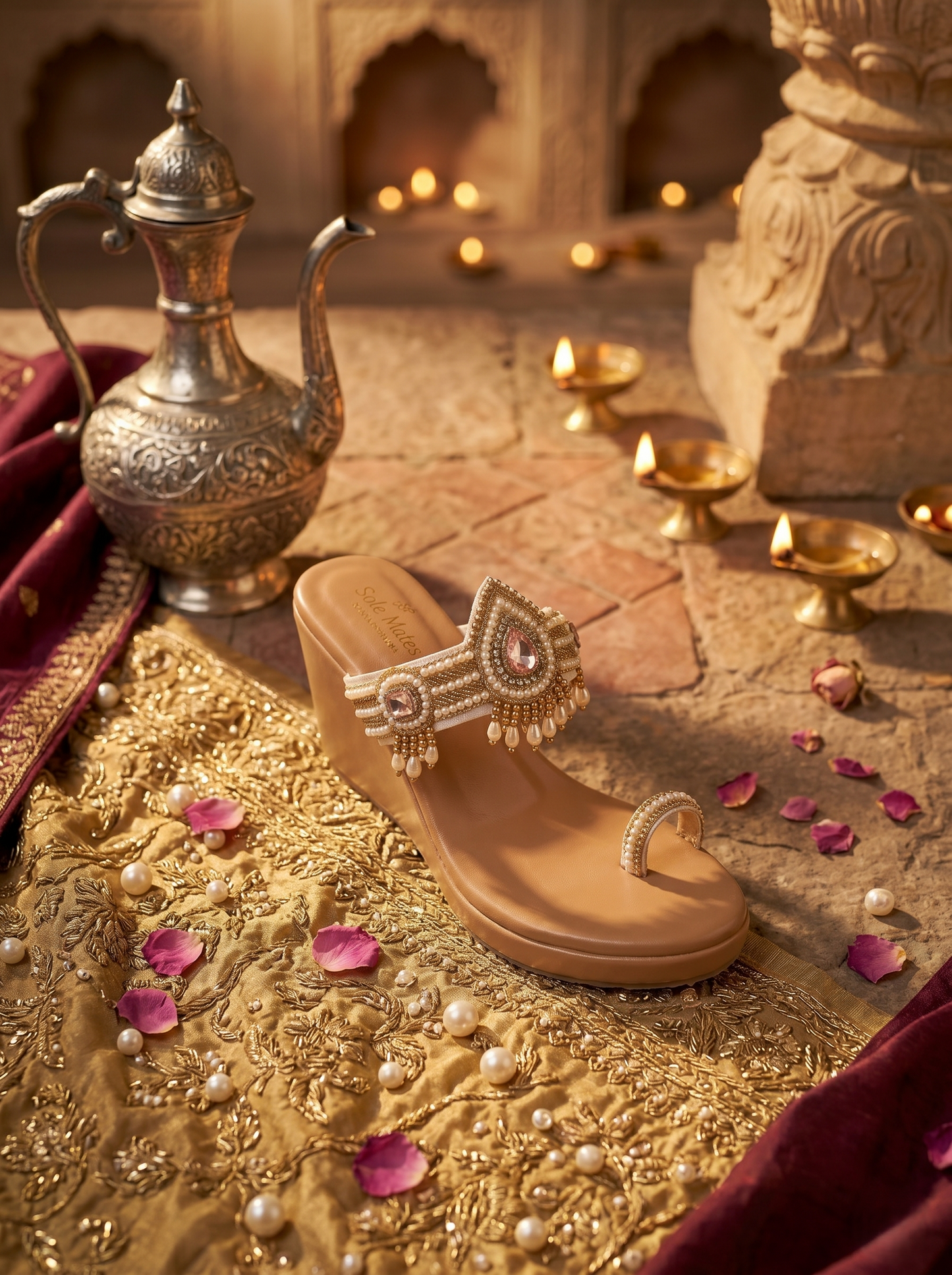 Gulabri Kolhapuri Heels on gold embroidered fabric with diyas — pearl drop and pink stone embellished toe ring wedge heels by Solemates by Palak