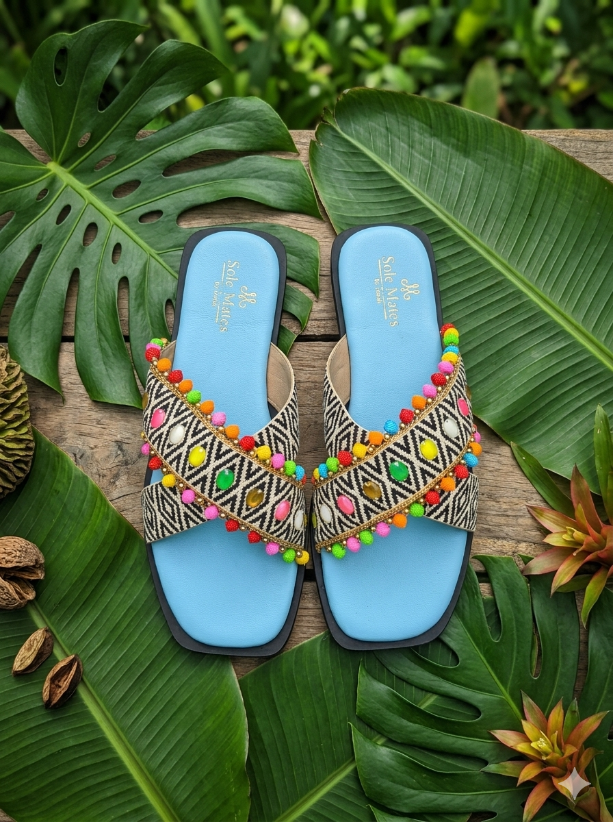 Mykonos Criss Cross Sliders flat lay on monstera leaves — ikat woven cross strap with multicolour pom pom trim and sky blue insole by Solemates by Palak