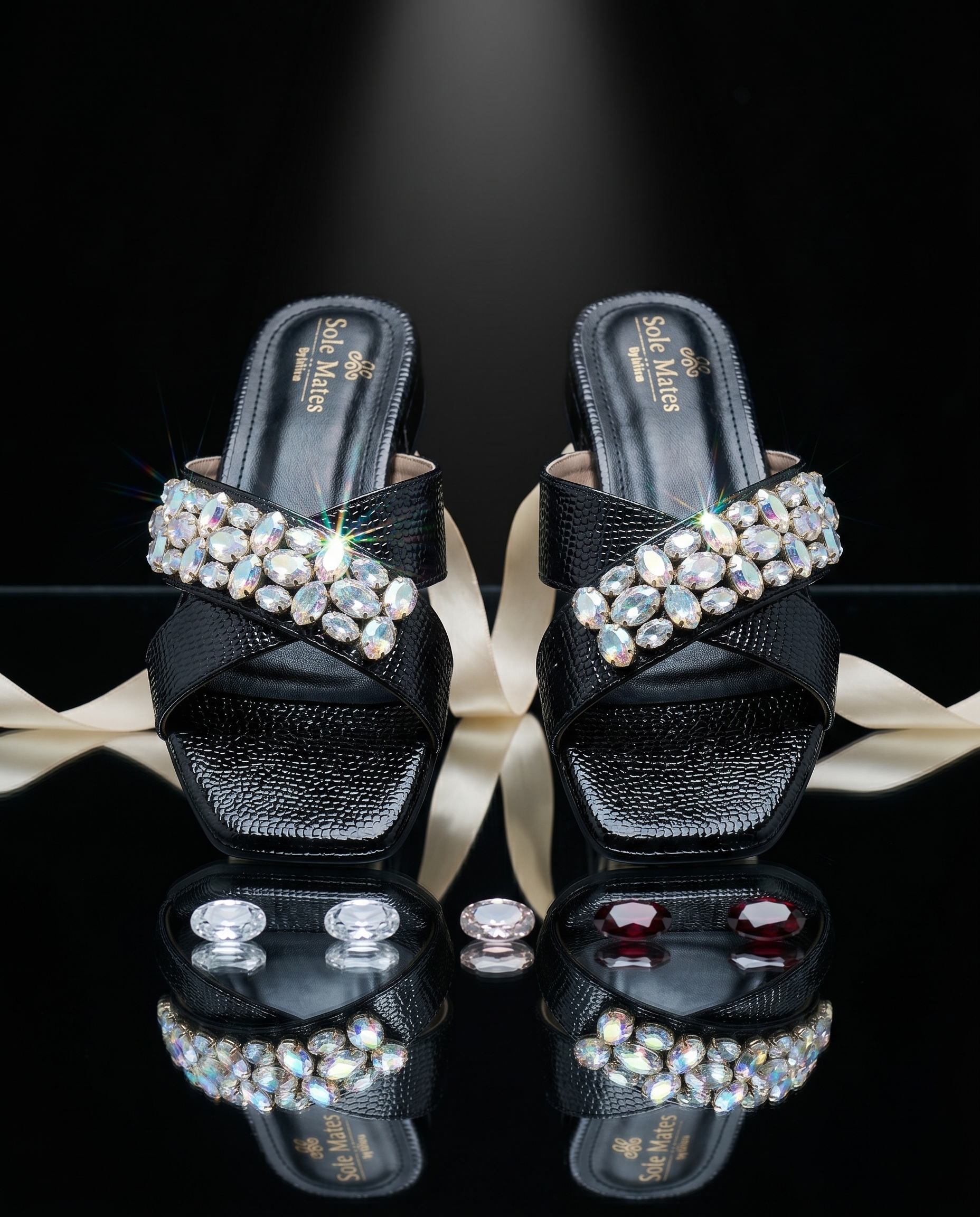 Charolette Black Sliders pair on black mirror surface — black criss-cross patent sliders with large AB crystal and rhinestone cluster by Solemates by Palak