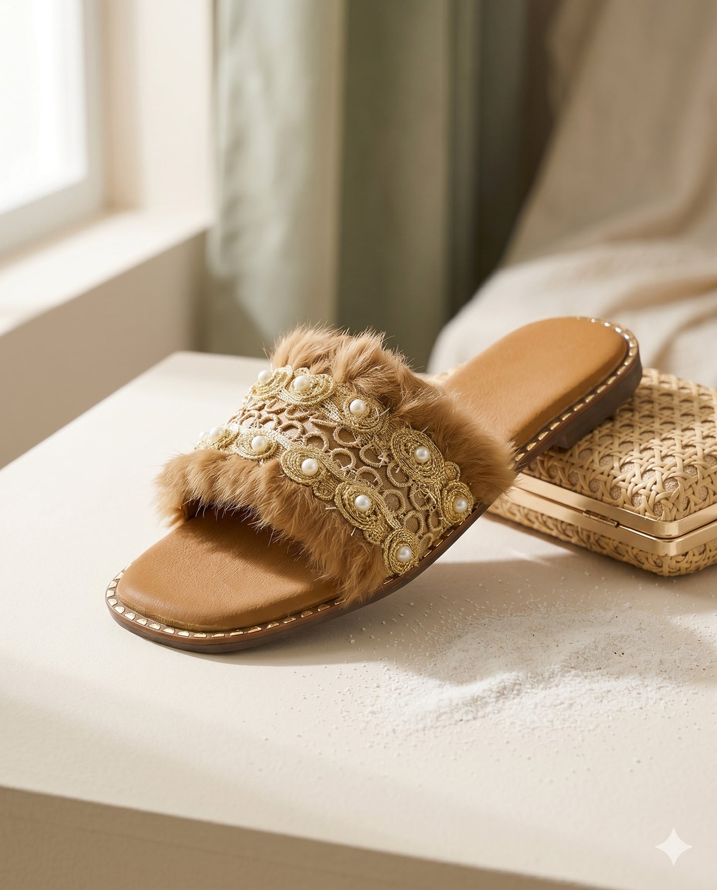 Furry Brown flat slider by Solemates by Palak on white surface with rattan clutch — warm brown fur strap with gold floral lace appliqué and pearl embellishment, tan insole visible
