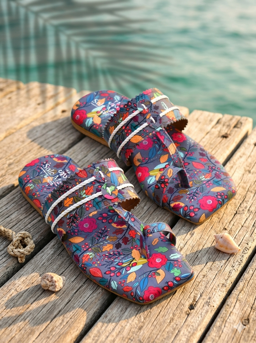 Coral Grey Kolhapuri Flats on wooden dock by water — grey multicolour floral print kolhapuri toe ring flats by Solemates by Palak