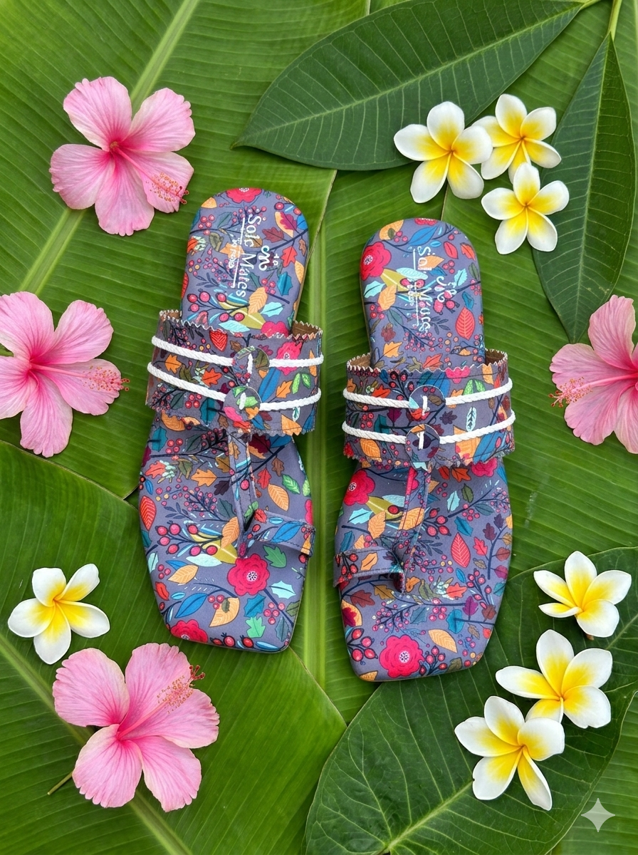 Coral Grey Kolhapuri Flats top view on banana leaves with hibiscus and plumeria flowers — grey botanical print kolhapuri flats by Solemates by Palak