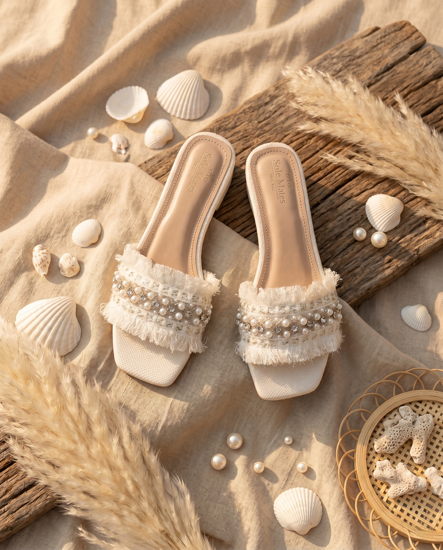 Boho Chic Ivory slider pair top-down flat lay — ivory fringe strap with mixed pearl and crystal embellishment, tan insole, surrounded by seashells and pampas grass by Solemates by Palak
