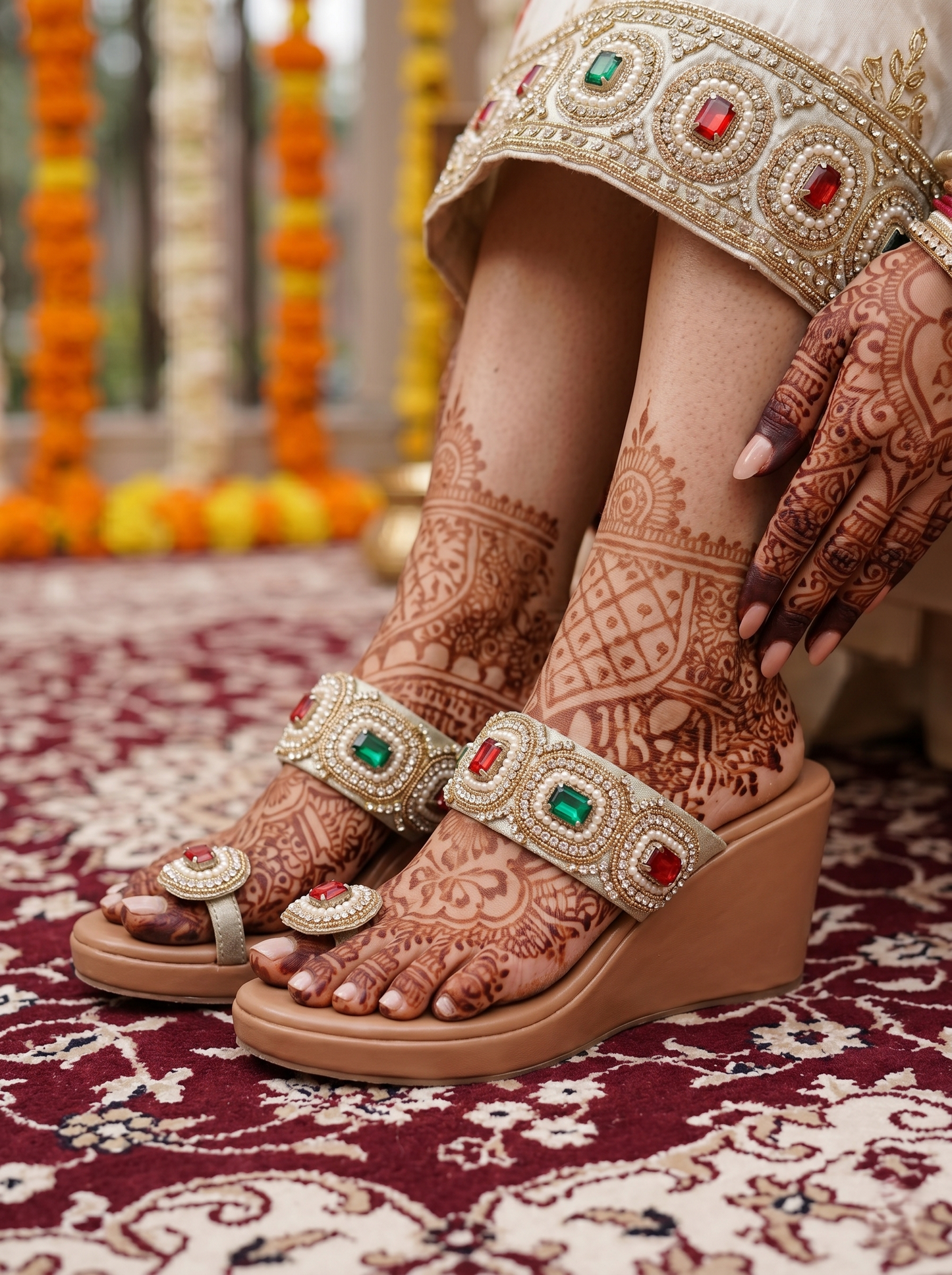 Rang Manch Kolhapuri Heels worn by bridal model with mehndi — ruby and emerald stone toe ring wedge heels by Solemates by Palak