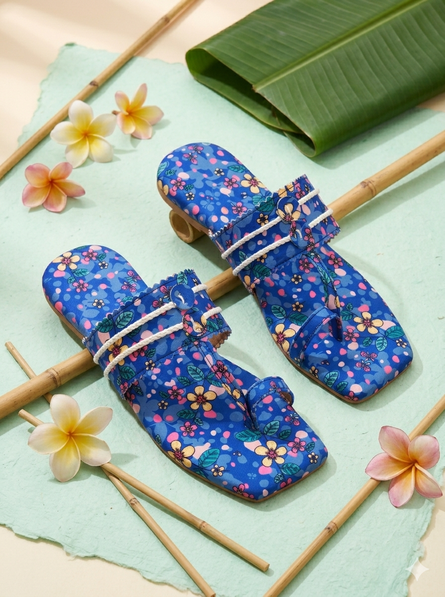 Blue Lagoon Kolhapuri Flats flat lay with plumeria flowers and bamboo — royal blue ditsy floral print toe ring kolhapuri flats by Solemates by Palak