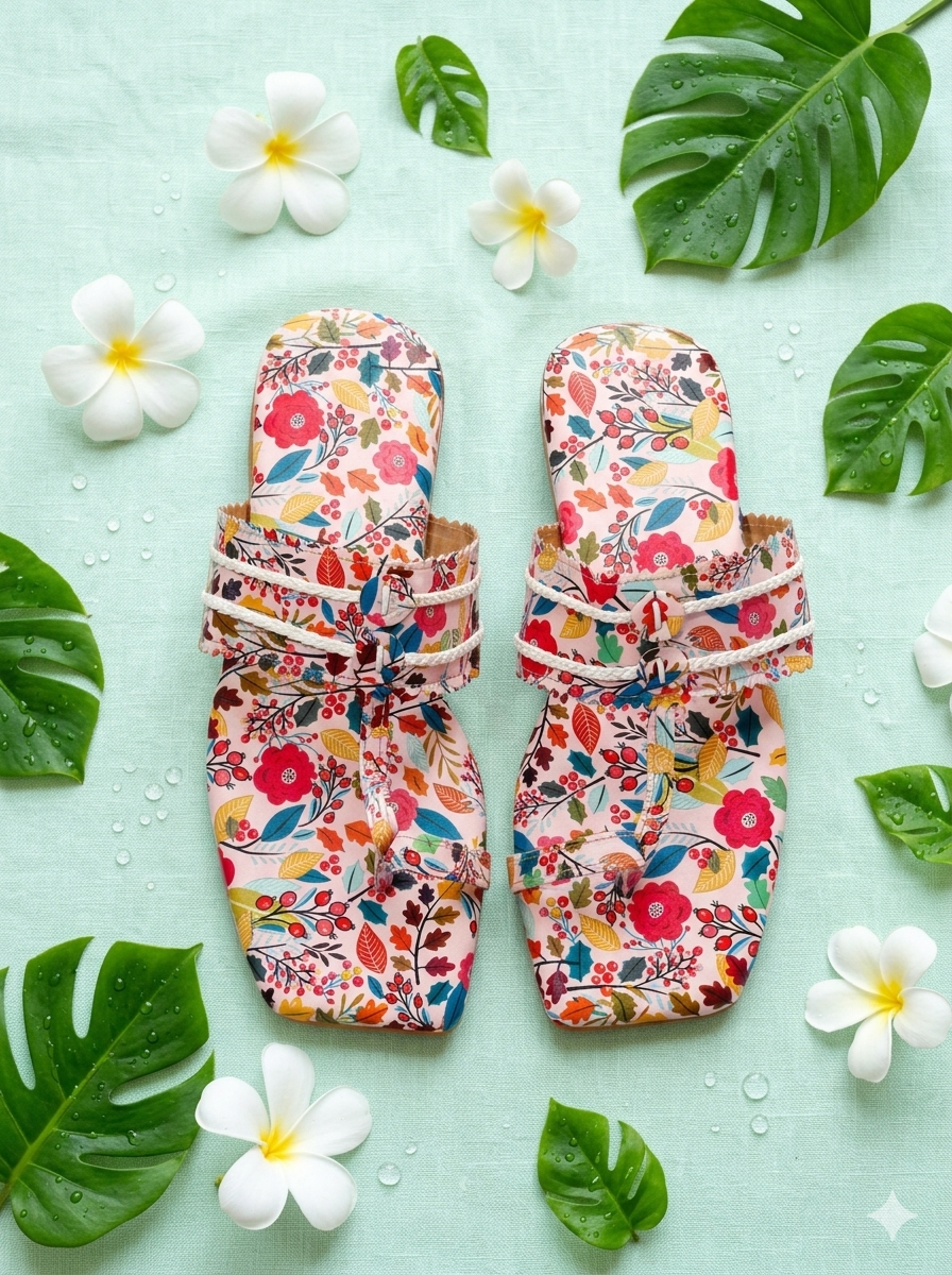 Berry Blast Floral Print Kolha Flats top view — vibrant pink floral print with white braided rope strap by Solemates by Palak