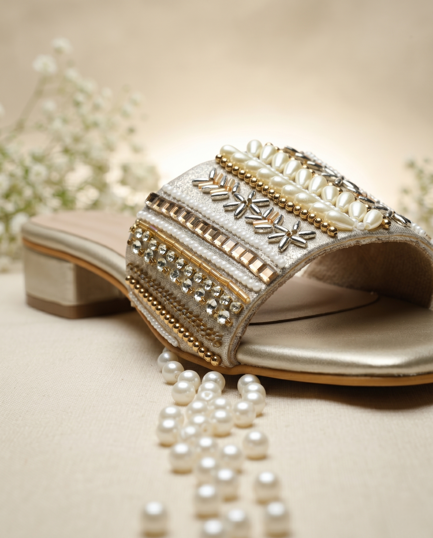 Kate Gold Sliders strap close-up with pearl necklace — teardrop pearl clusters, gold seed beads, silver floral motifs and rhinestone rows by Solemates by Palak