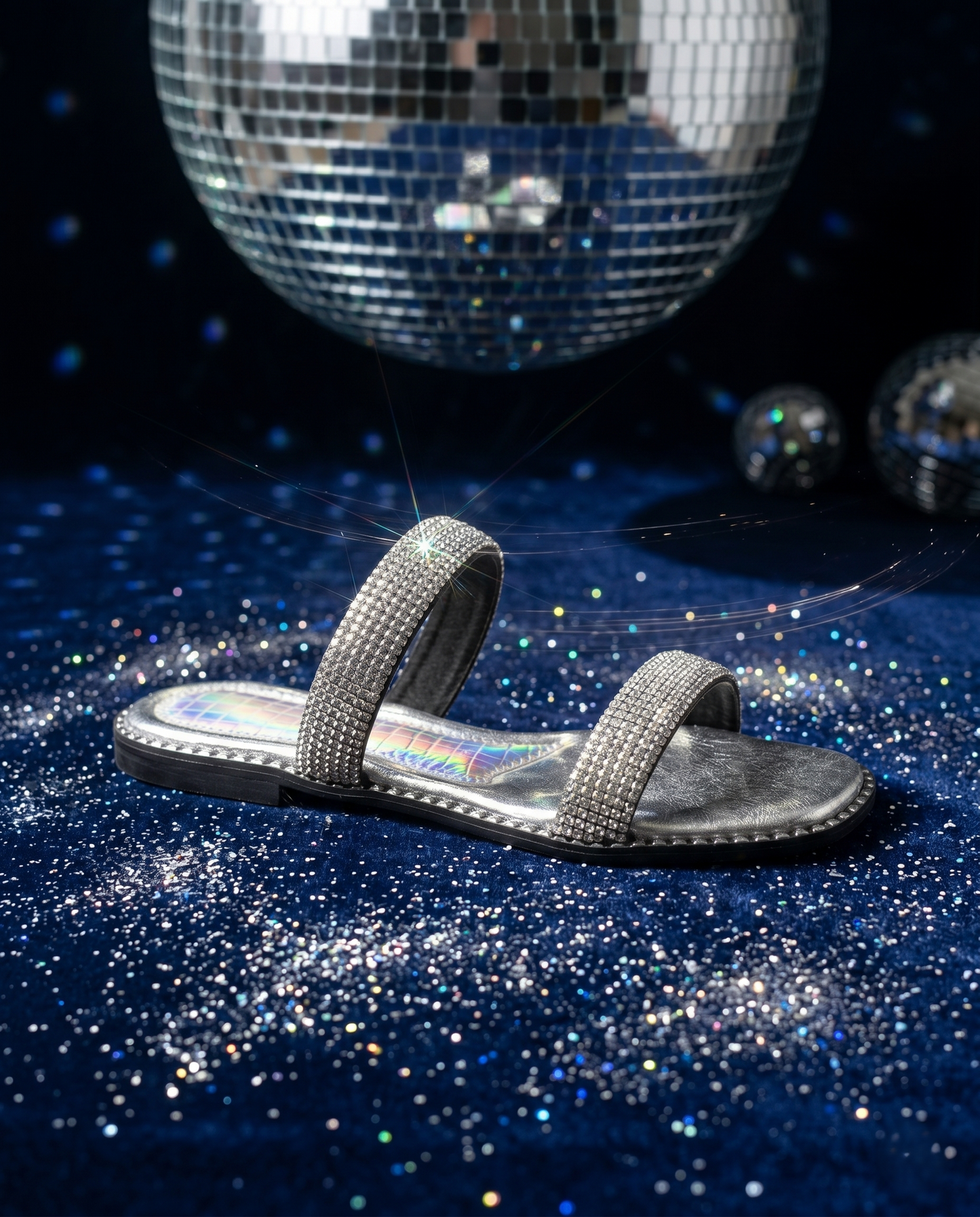 Crystalline Silver Flats single slider on blue glitter surface with disco ball — densely crystal-set double strap flat sandal with silver stud sole trim by Solemates by Palak