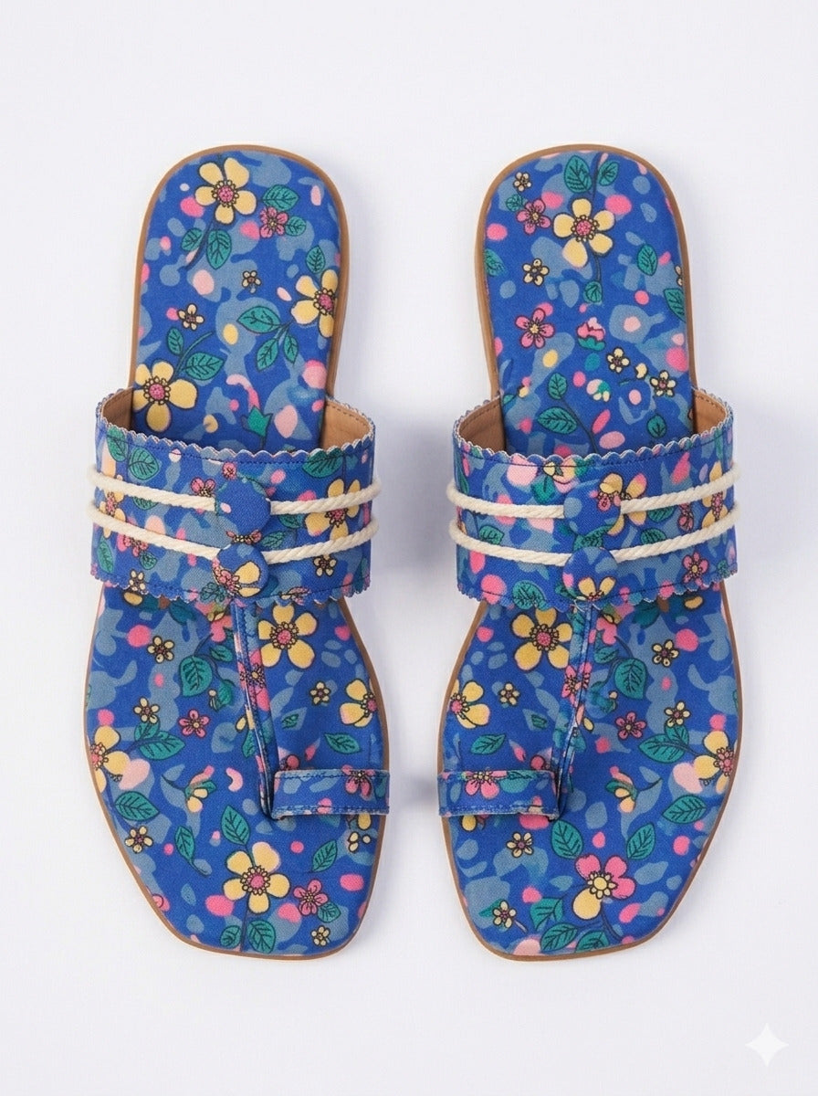 Blue Lagoon Kolhapuri Flats top view pair on white background — royal blue ditsy floral print kolhapuri toe ring flats with rope cord and scalloped strap by Solemates by Palak