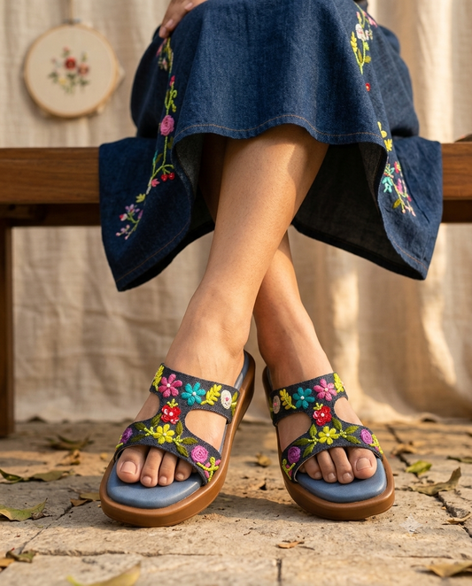Sydney Blue Sliders worn with embroidered denim skirt outdoors — dark denim hand embroidered floral H-strap flatform sliders by Solemates by Palak